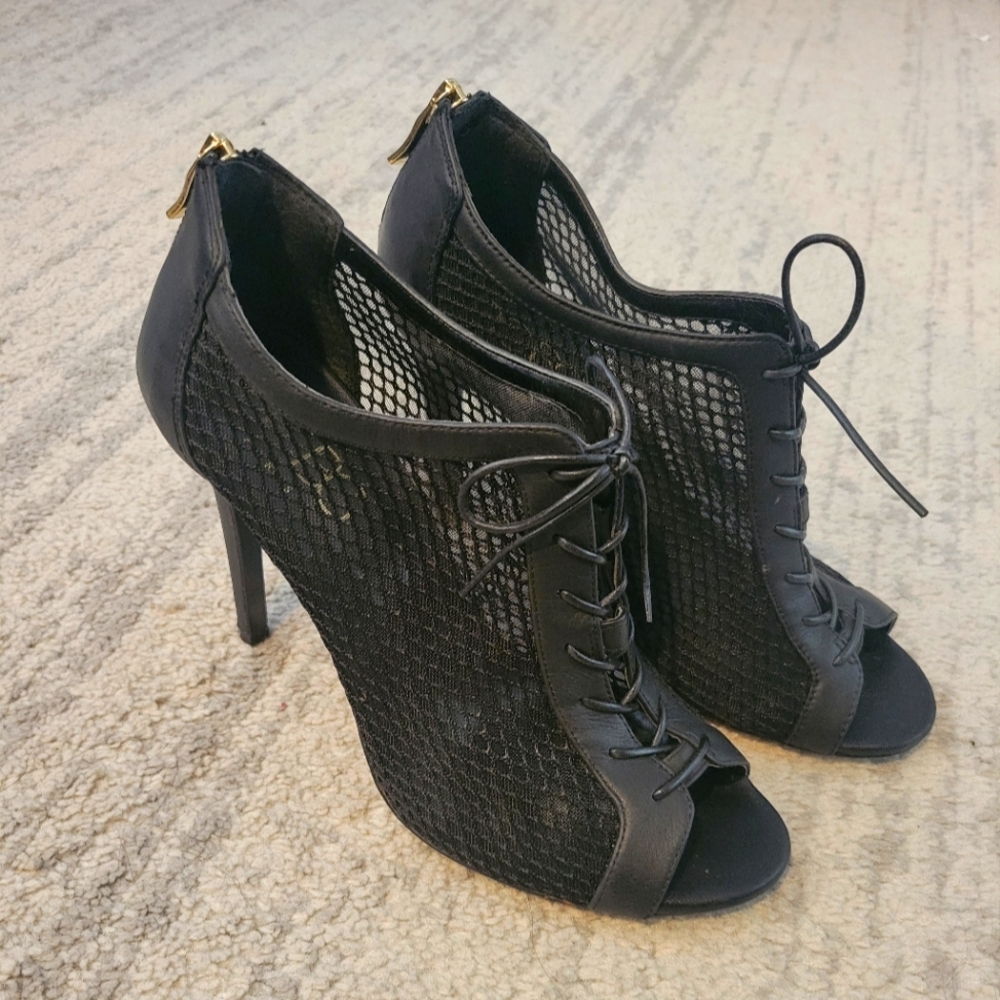 BCBG Paris Arria Black Net Lace Up Leather Heel Booties